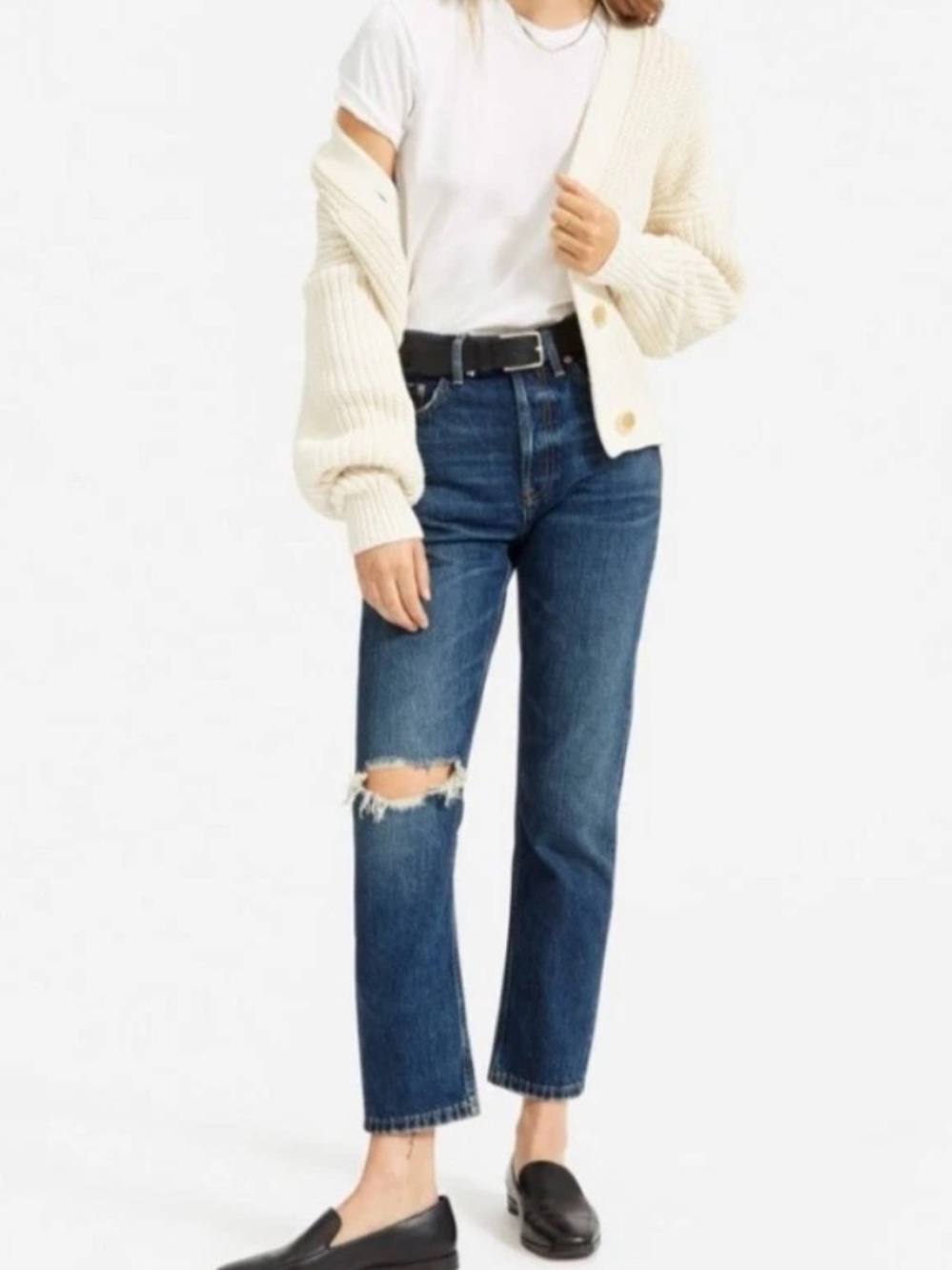 Everlane The Cheeky Distressed Knee High Rise Straight Crop Denim Jeans